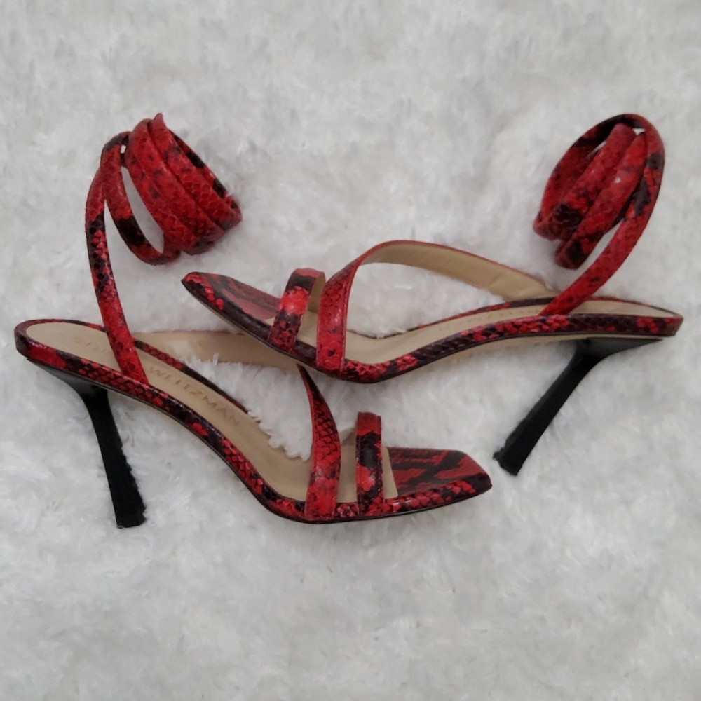 Stuart Weitzman Red Snakeskin Strappy Heels